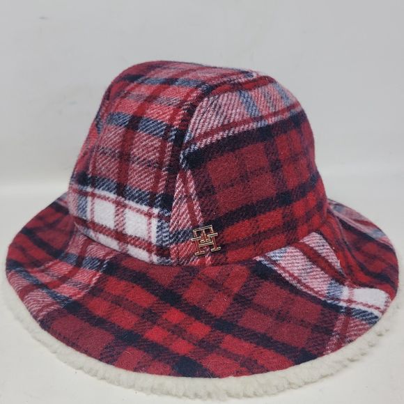 Vintage Tommy Hilfiger Hat Bucket Red Wool Tartain Plaid Retro Cap Designer Warm - Picture 1 of 8